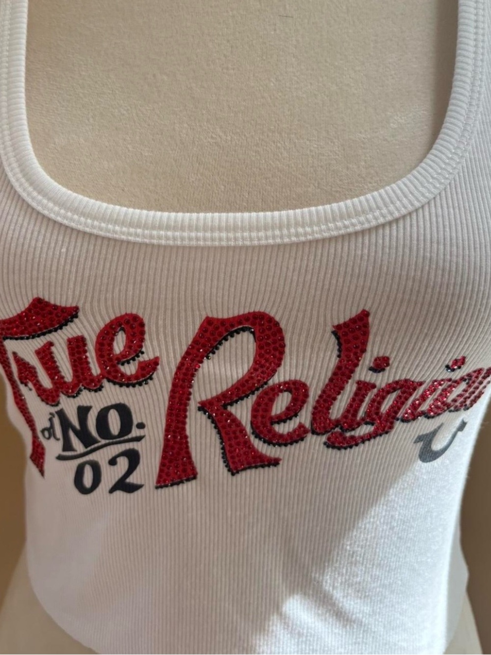 True Religion White Ribbed Tank with Red Embellished Logo